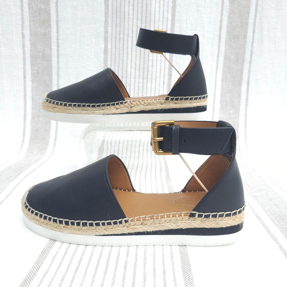 See By Chloe Glyn Flats Espadrille Womens 7.5 Black Leather Ankle Strap Buckle